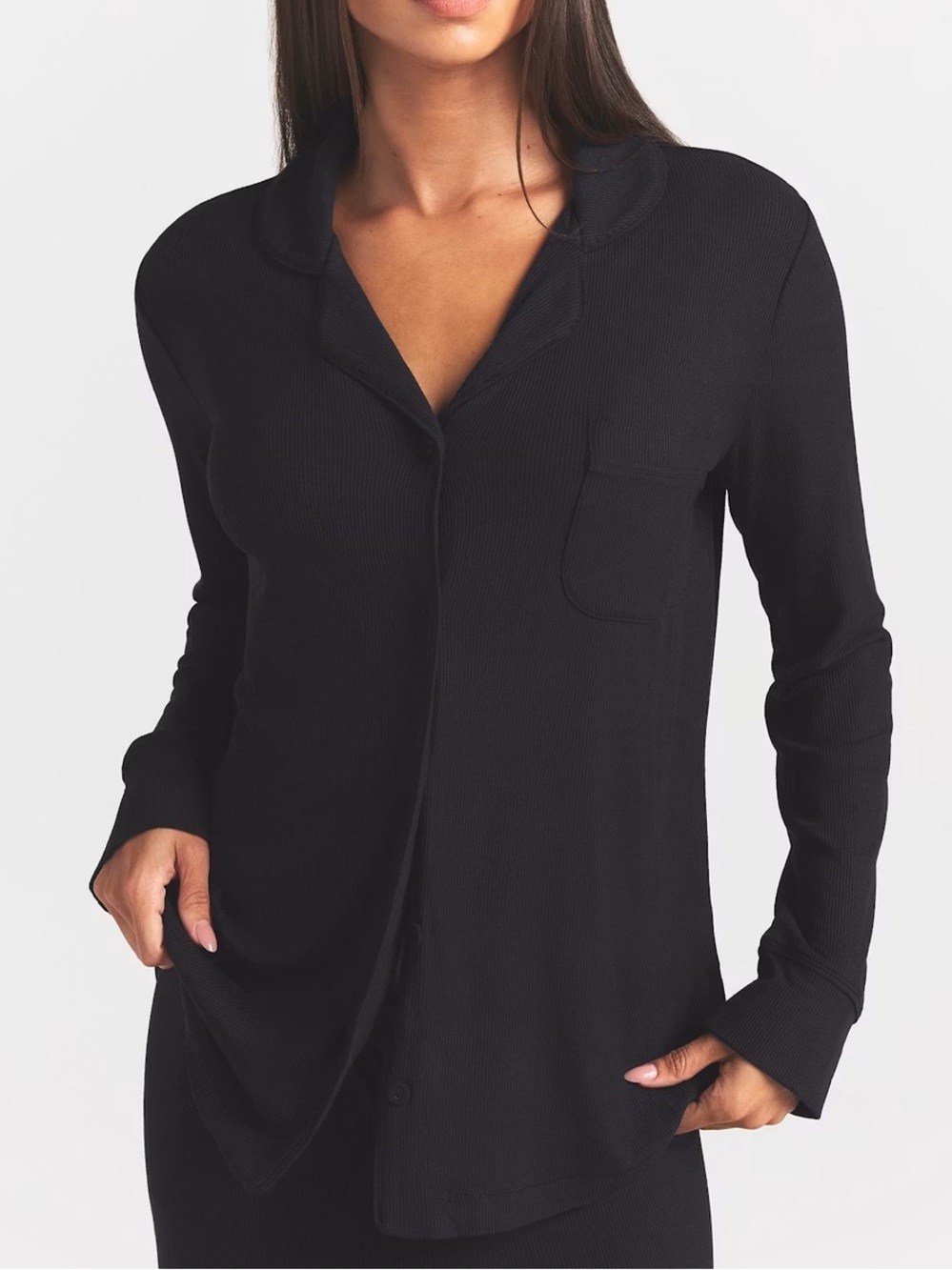 SKIMS Black Ribbed Collared Soft Lounge Sleep Button Down Shirt Size M